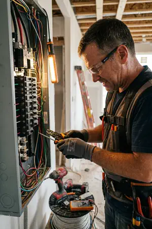 Électricien sur un tableau de chantier